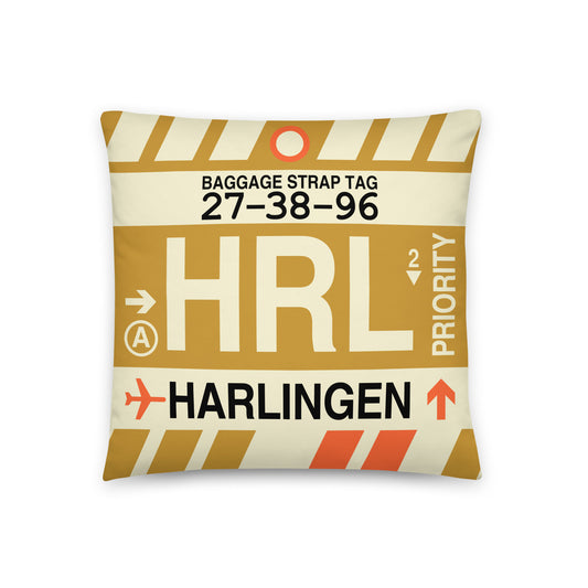HRL Harlingen Throw Pillow • Jet Age Baggage Tag Design • YHM Designs - Image 01