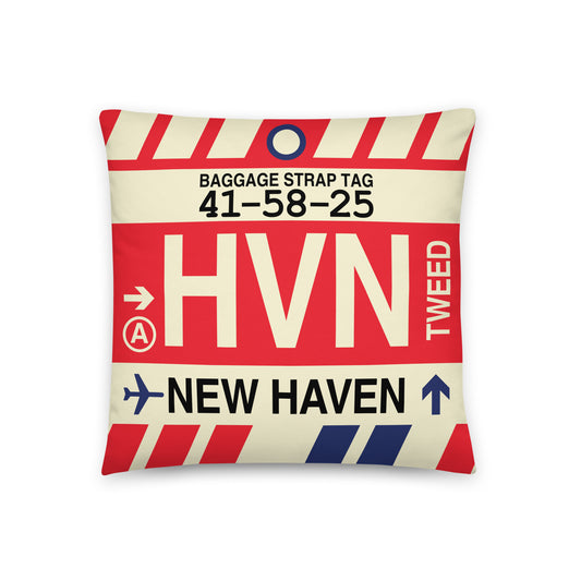 HVN New Haven Throw Pillow • Jet Age Baggage Tag Design • YHM Designs - Image 01