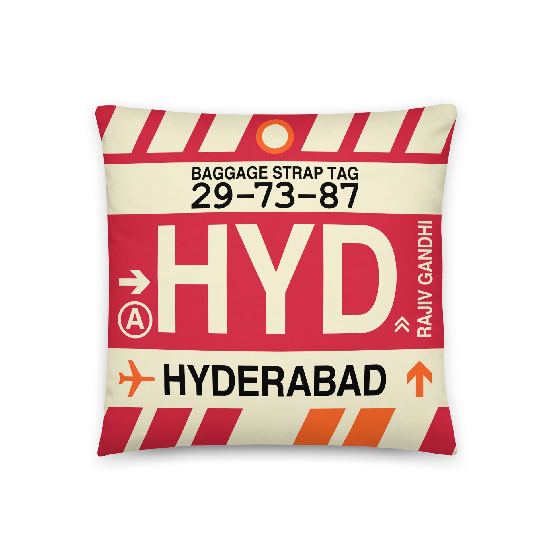 HYD Hyderabad Throw Pillow • Jet Age Baggage Tag Design • YHM Designs - Image 01
