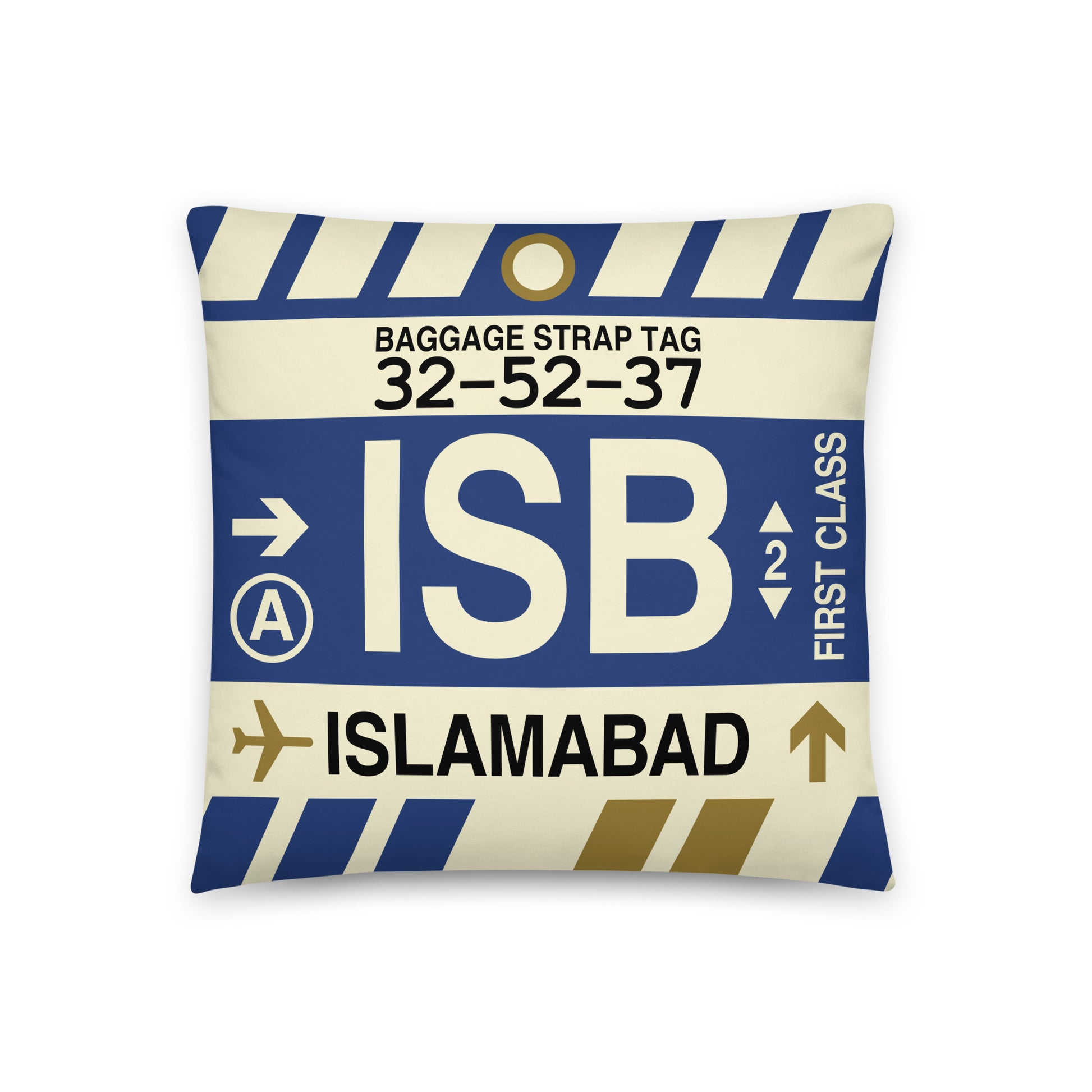 ISB Islamabad Throw Pillow • Jet Age Baggage Tag Design • YHM Designs - Image 01