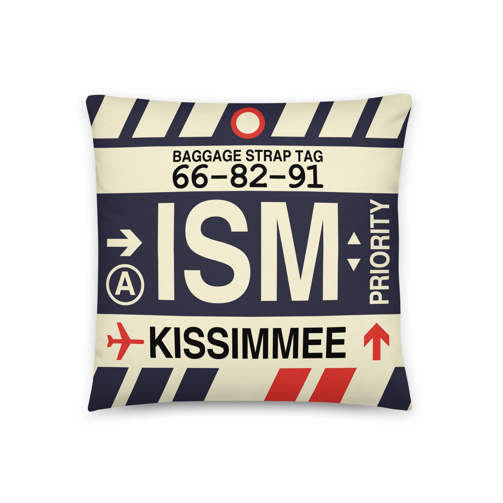 ISM Kissimmee Throw Pillow • Jet Age Baggage Tag Design • YHM Designs - Image 01