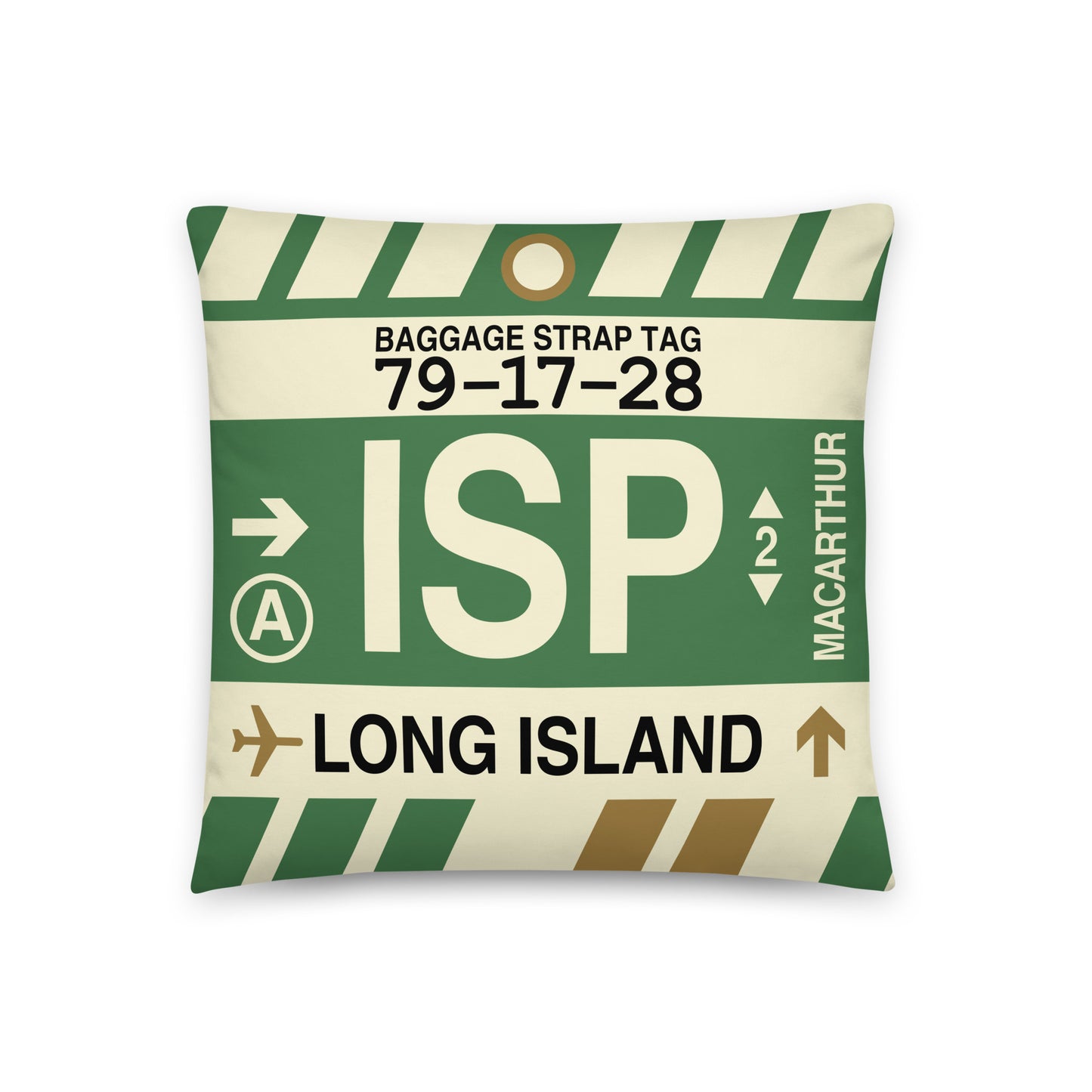 ISP Islip Throw Pillow • Jet Age Baggage Tag Design • YHM Designs - Image 01