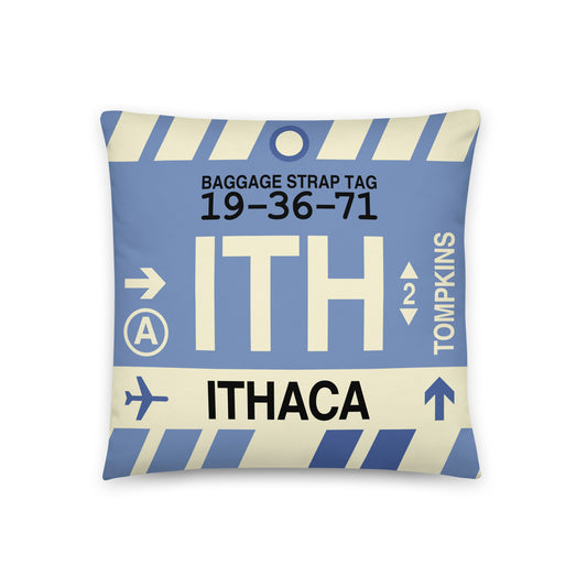 ITH Ithaca Throw Pillow • Jet Age Baggage Tag Design • YHM Designs - Image 01