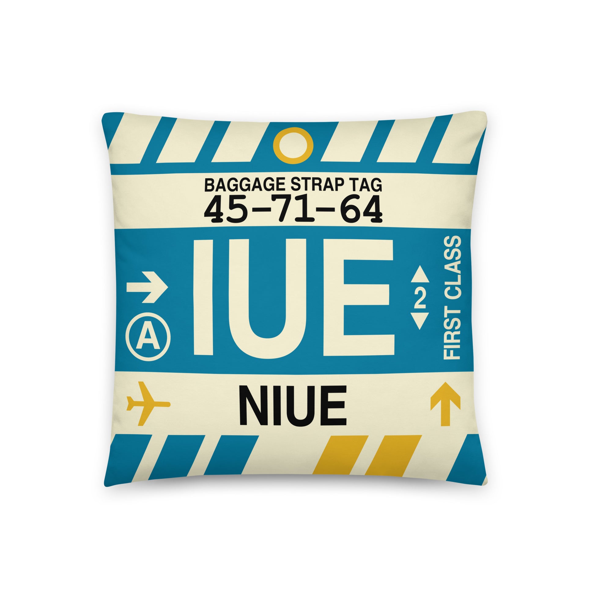 IUE Niue Throw Pillow • Jet Age Baggage Tag Design • YHM Designs - Image 01
