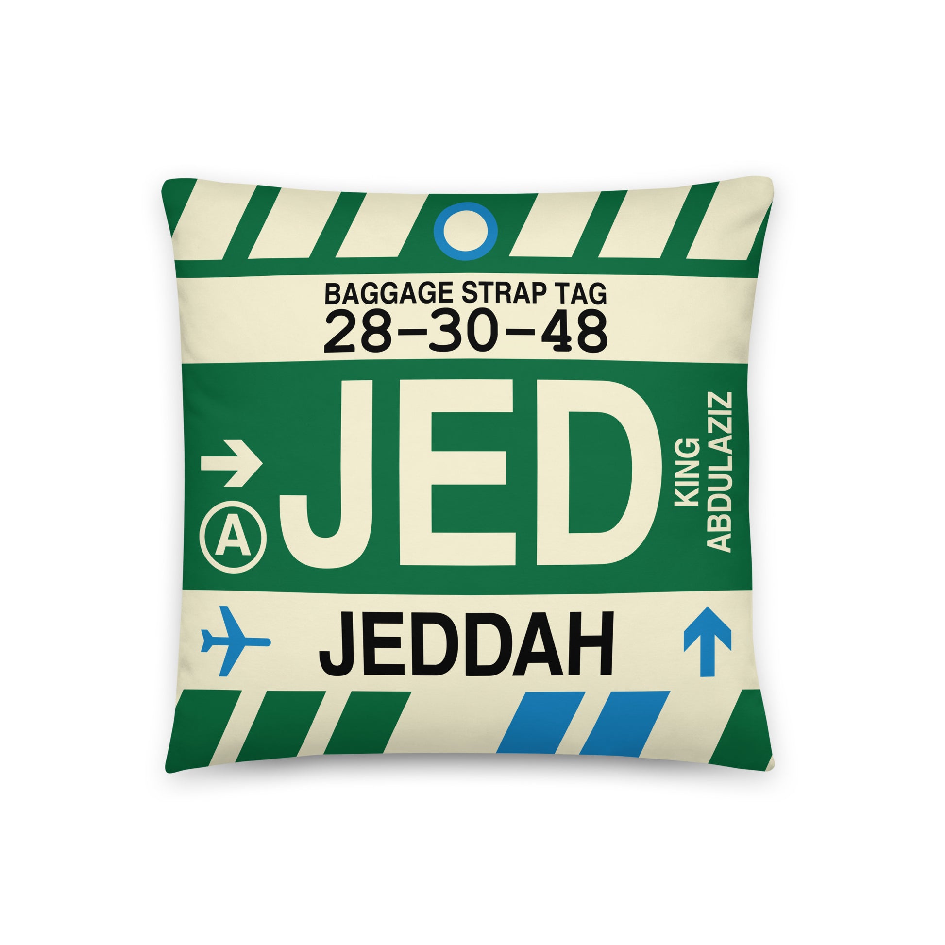 JED Jeddah Throw Pillow • Jet Age Baggage Tag Design • YHM Designs - Image 01
