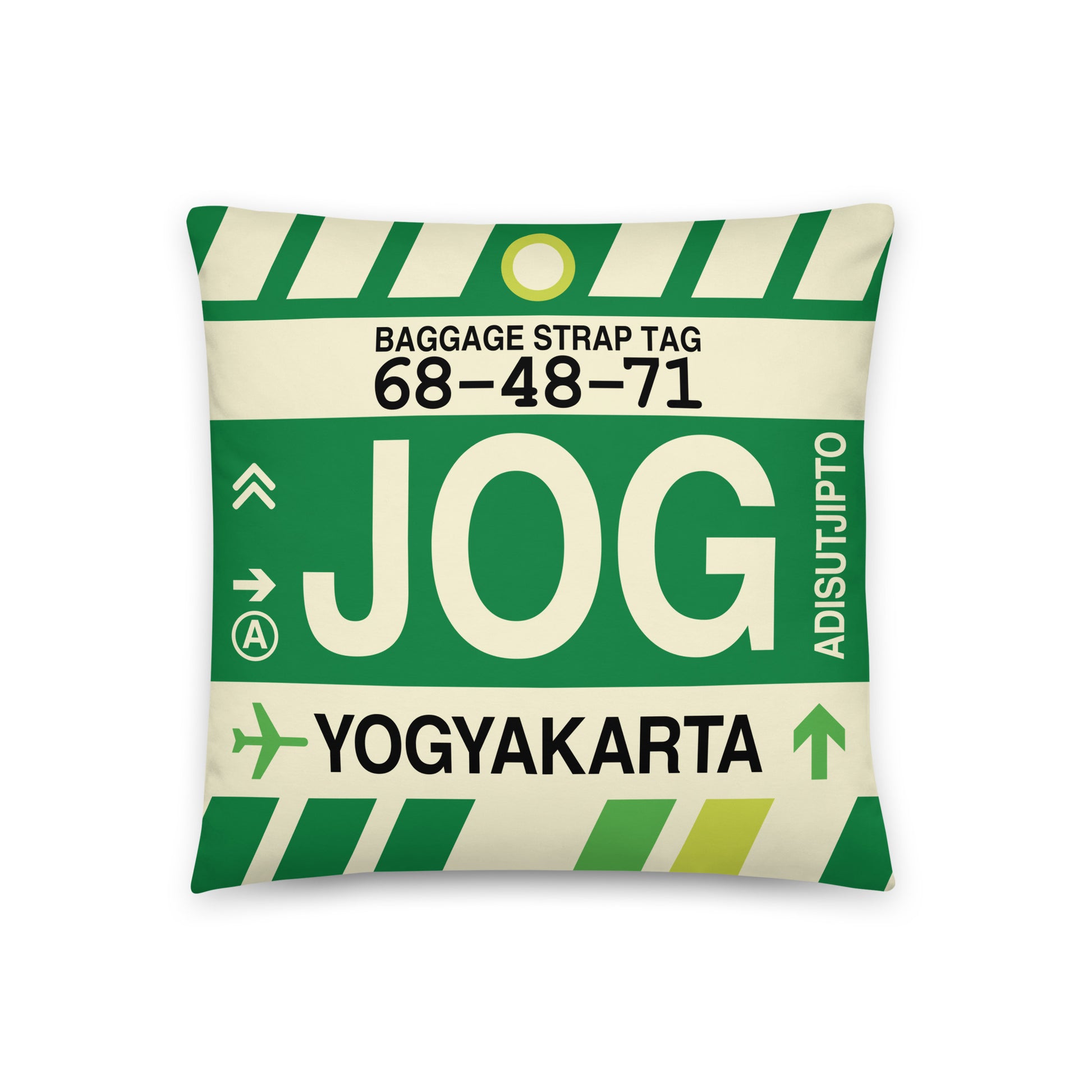 JOG Yogyakarta Throw Pillow • Jet Age Baggage Tag Design • YHM Designs - Image 01