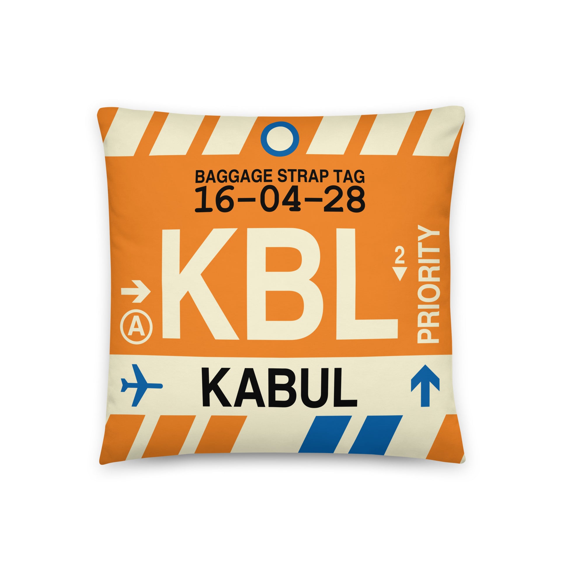 KBL Kabul Throw Pillow • Jet Age Baggage Tag Design • YHM Designs - Image 01