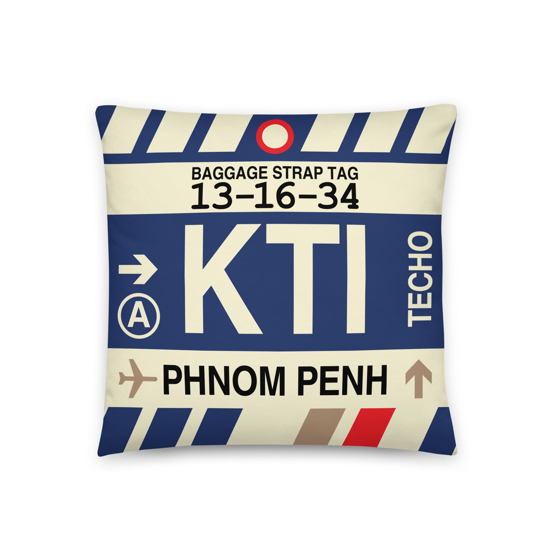 KTI Phnom Penh Throw Pillow • Jet Age Baggage Tag Design • YHM Designs - Image 01