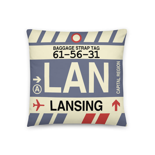 LAN Lansing Throw Pillow • Jet Age Baggage Tag Design • YHM Designs - Image 01