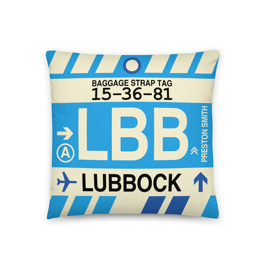 LBB Lubbock Throw Pillow • Jet Age Baggage Tag Design • YHM Designs - Image 01