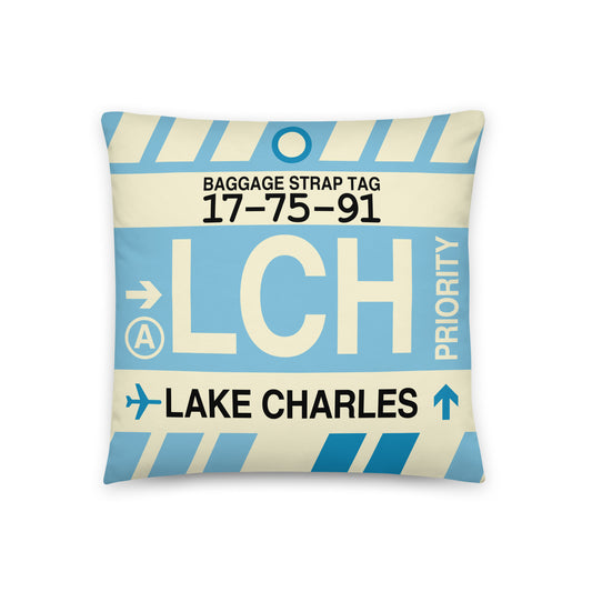 LCH Lake Charles Throw Pillow • Jet Age Baggage Tag Design • YHM Designs - Image 01