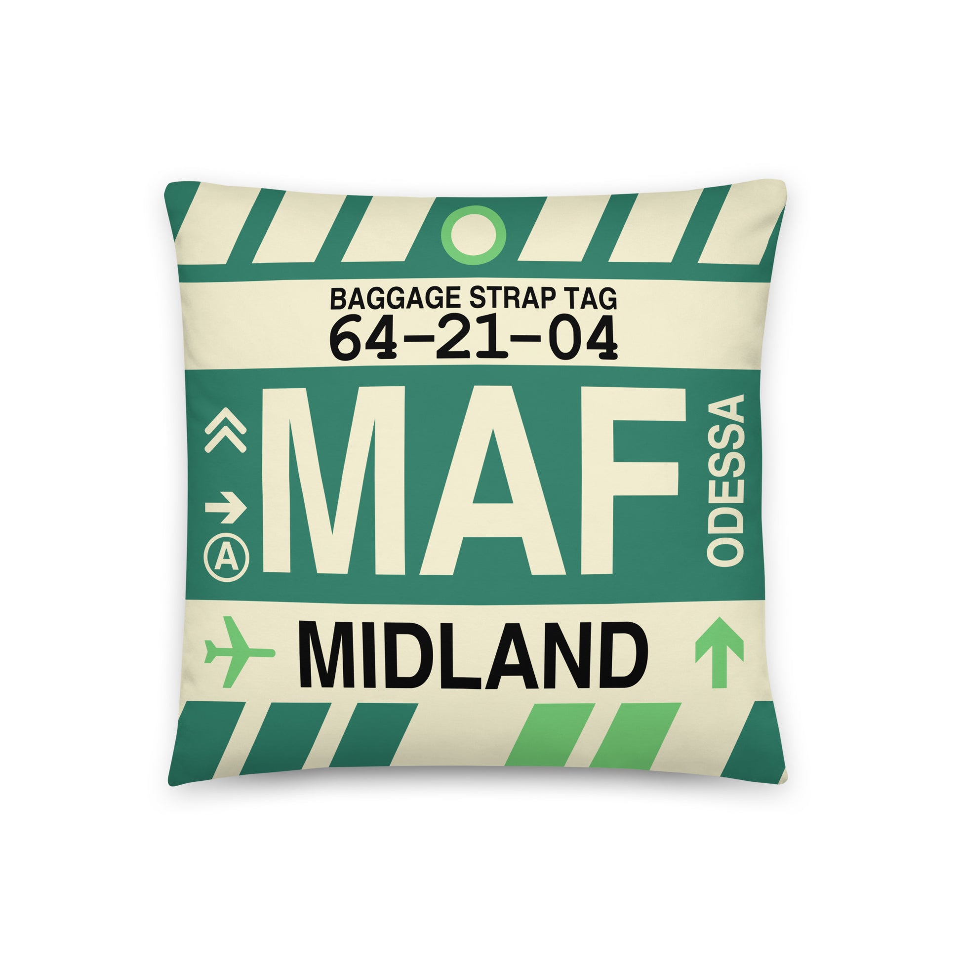MAF Midland-Odessa Throw Pillow • Jet Age Baggage Tag Design • YHM Designs - Image 01