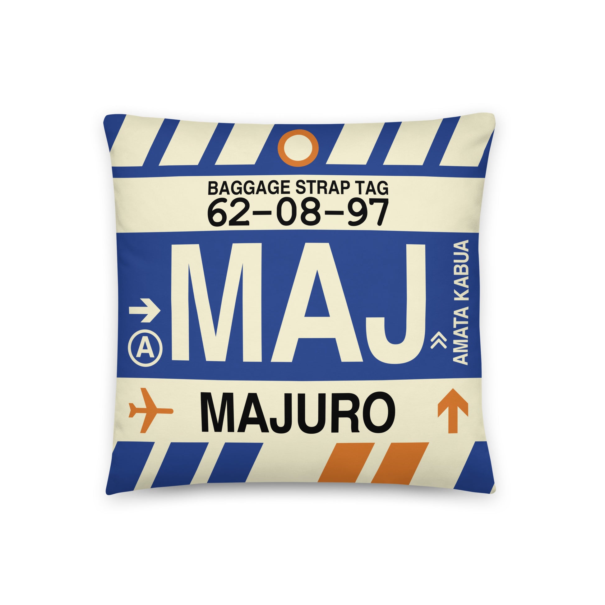 MAJ Majuro Throw Pillow • Jet Age Baggage Tag Design • YHM Designs - Image 01
