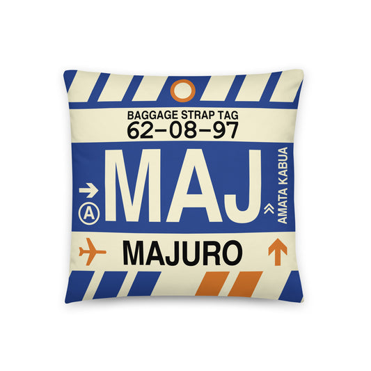 MAJ Majuro Throw Pillow • Jet Age Baggage Tag Design • YHM Designs - Image 01