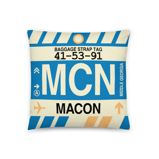 MCN Macon Throw Pillow • Jet Age Baggage Tag Design • YHM Designs - Image 01