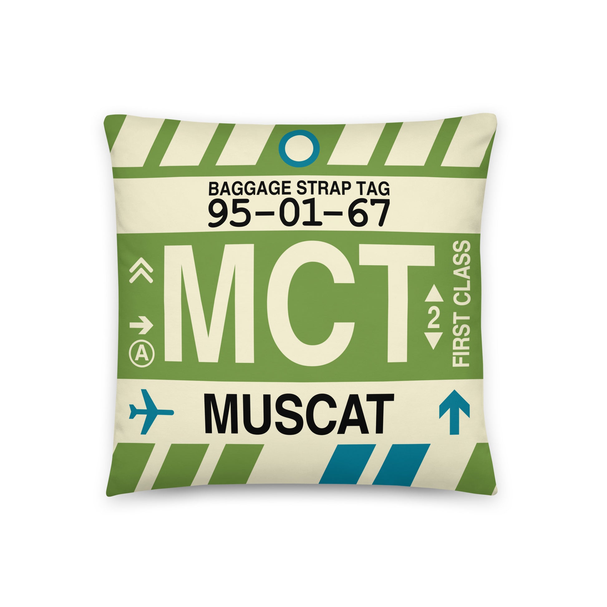MCT Muscat Throw Pillow • Jet Age Baggage Tag Design • YHM Designs - Image 01