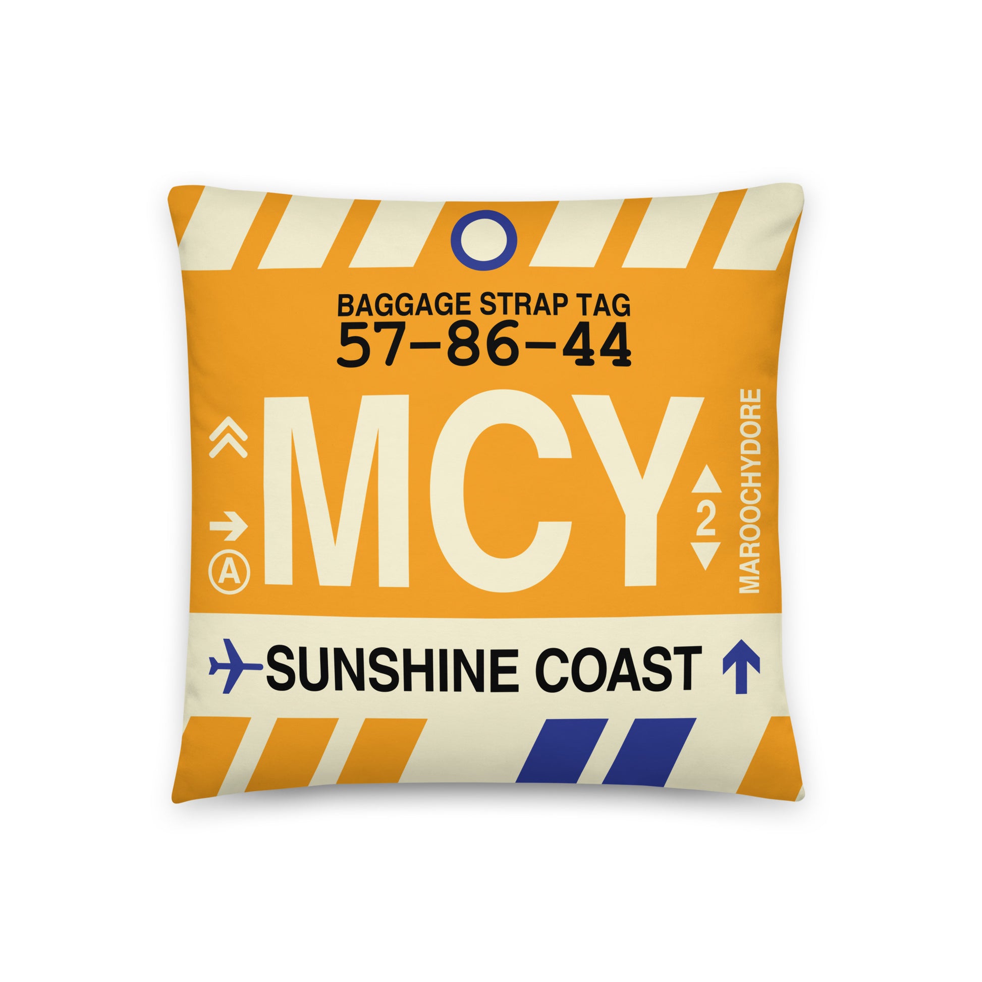 MCY Sunshine Coast Throw Pillow • Jet Age Baggage Tag Design • YHM Designs - Image 01