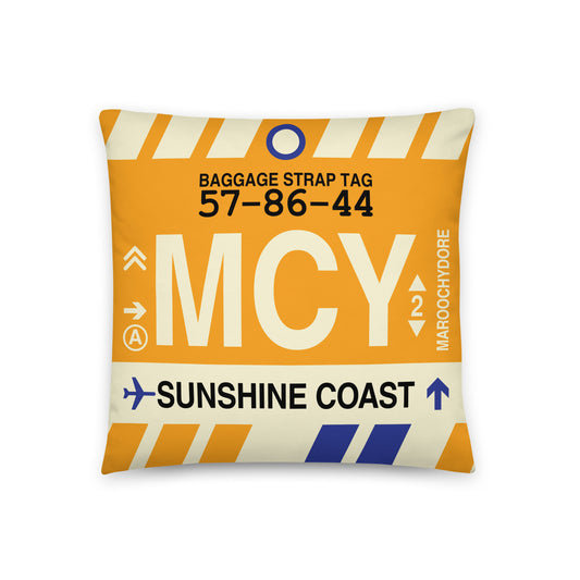 MCY Sunshine Coast Throw Pillow • Jet Age Baggage Tag Design • YHM Designs - Image 01