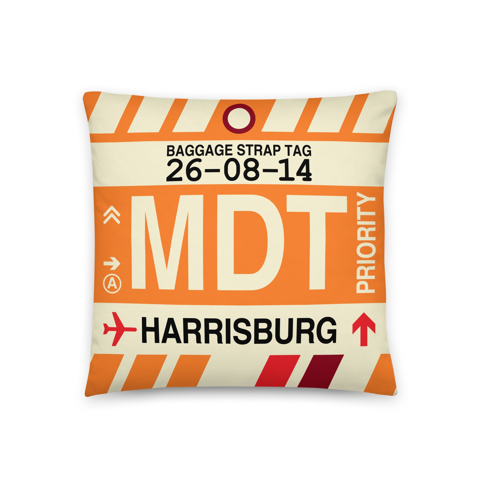 MDT Harrisburg Throw Pillow • Jet Age Baggage Tag Design • YHM Designs - Image 01