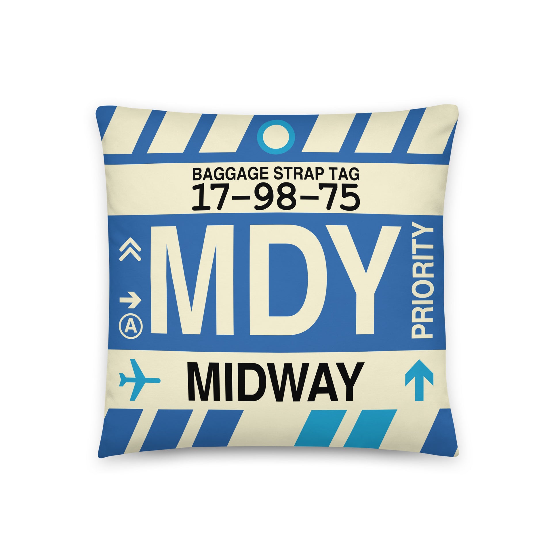 MDY Midway Throw Pillow • Jet Age Baggage Tag Design • YHM Designs - Image 01