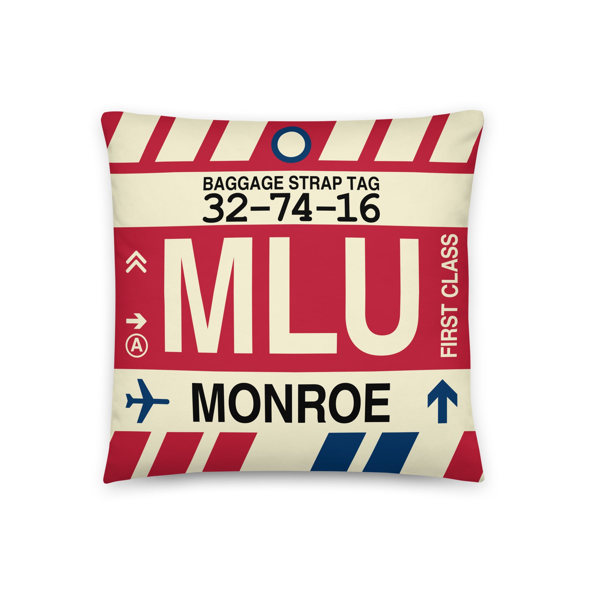 MLU Monroe Throw Pillow • Jet Age Baggage Tag Design • YHM Designs - Image 01
