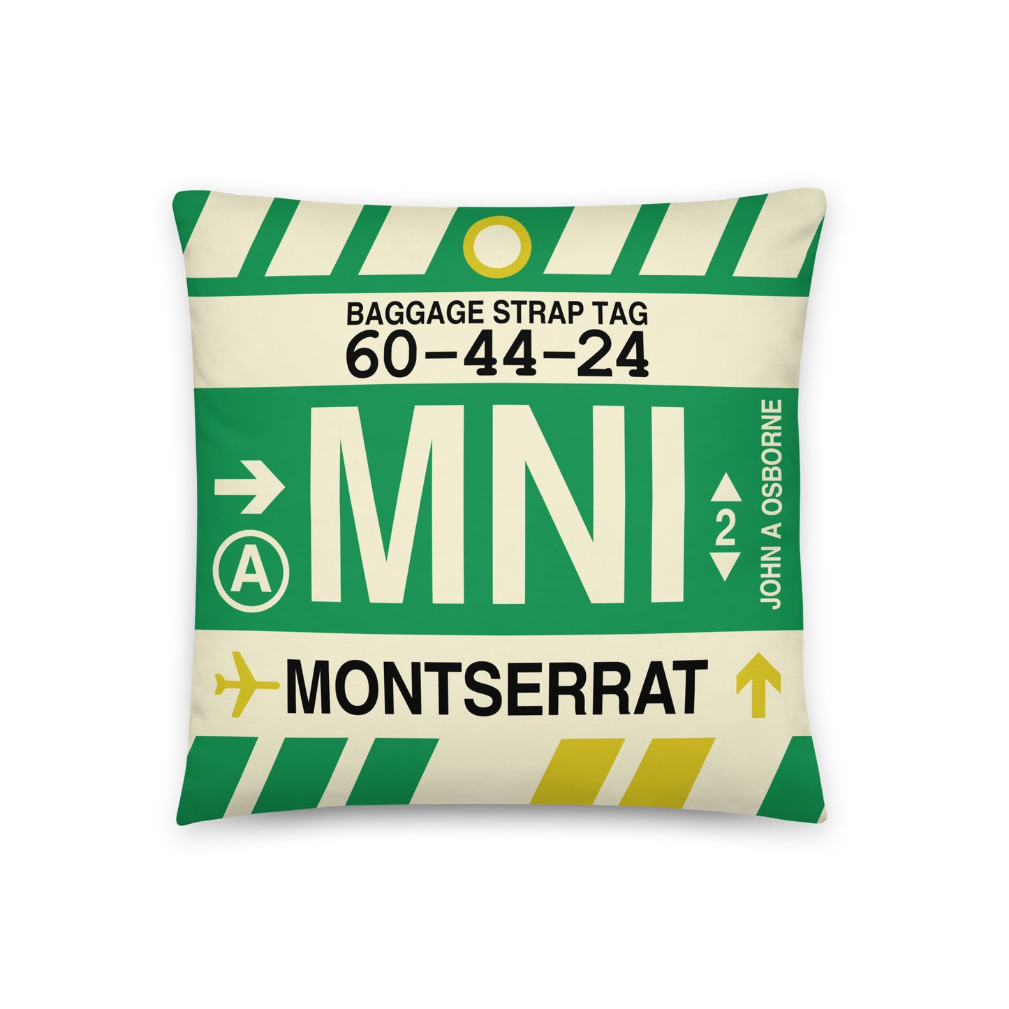 MNI Montserrat Throw Pillow • Jet Age Baggage Tag Design • YHM Designs - Image 01