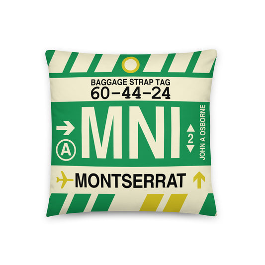 MNI Montserrat Throw Pillow • Jet Age Baggage Tag Design • YHM Designs - Image 01