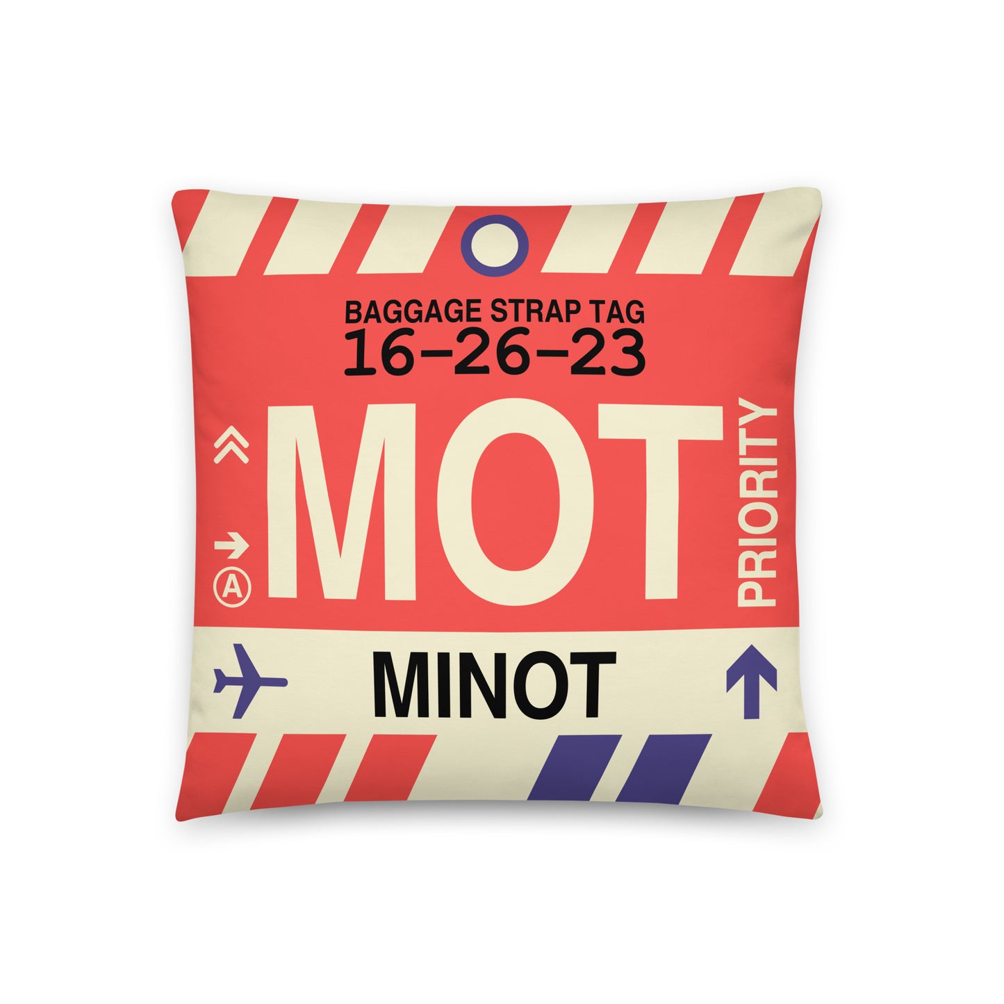 MOT Minot Throw Pillow • Jet Age Baggage Tag Design • YHM Designs - Image 01
