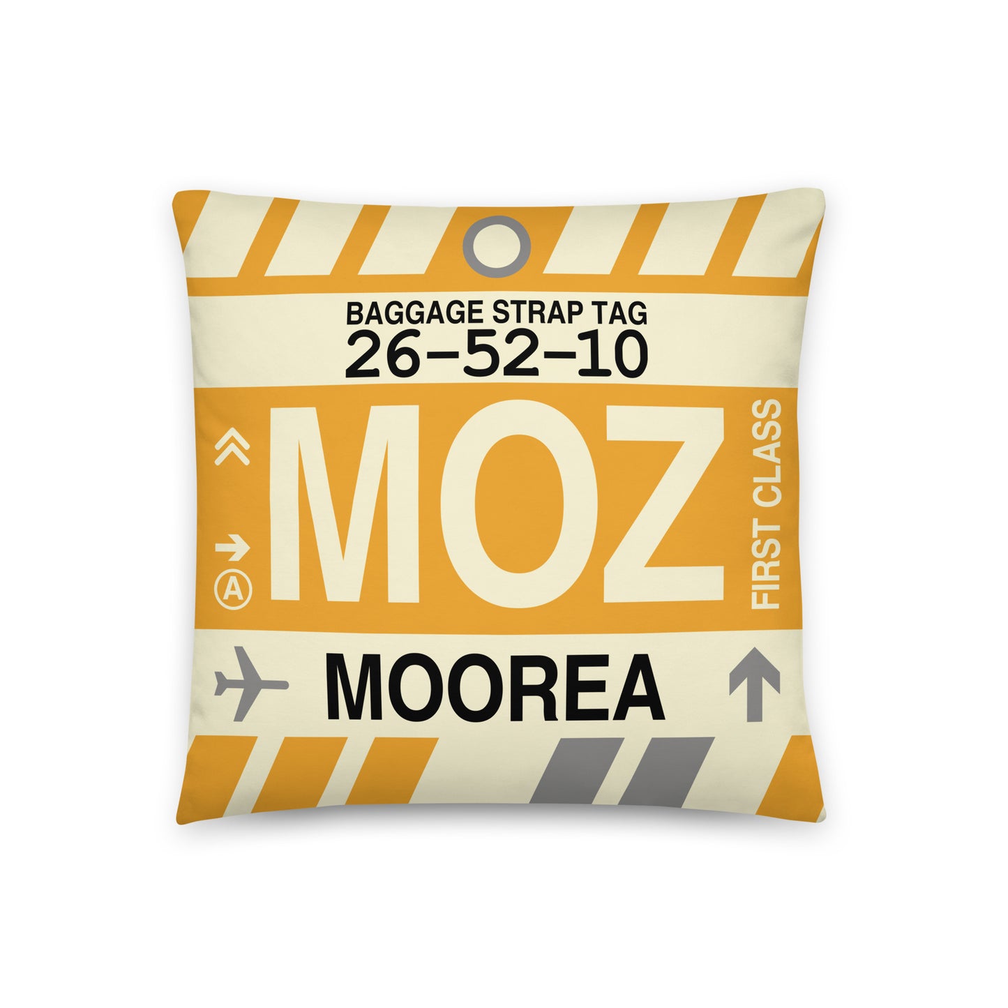 MOZ Moorea Throw Pillow • Jet Age Baggage Tag Design • YHM Designs - Image 01