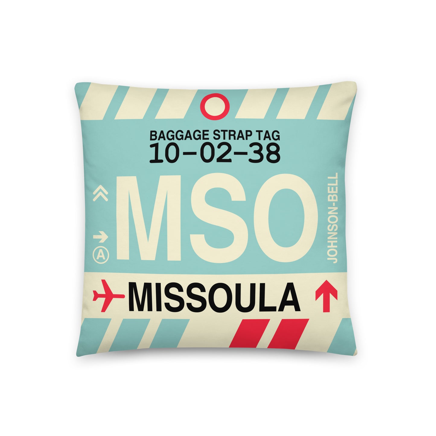 MSO Missoula Throw Pillow • Jet Age Baggage Tag Design • YHM Designs - Image 01
