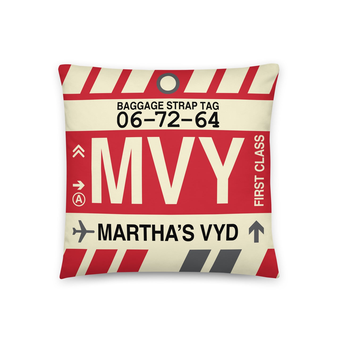MVY Martha's Vineyard Throw Pillow • Jet Age Baggage Tag Design • YHM Designs - Image 01