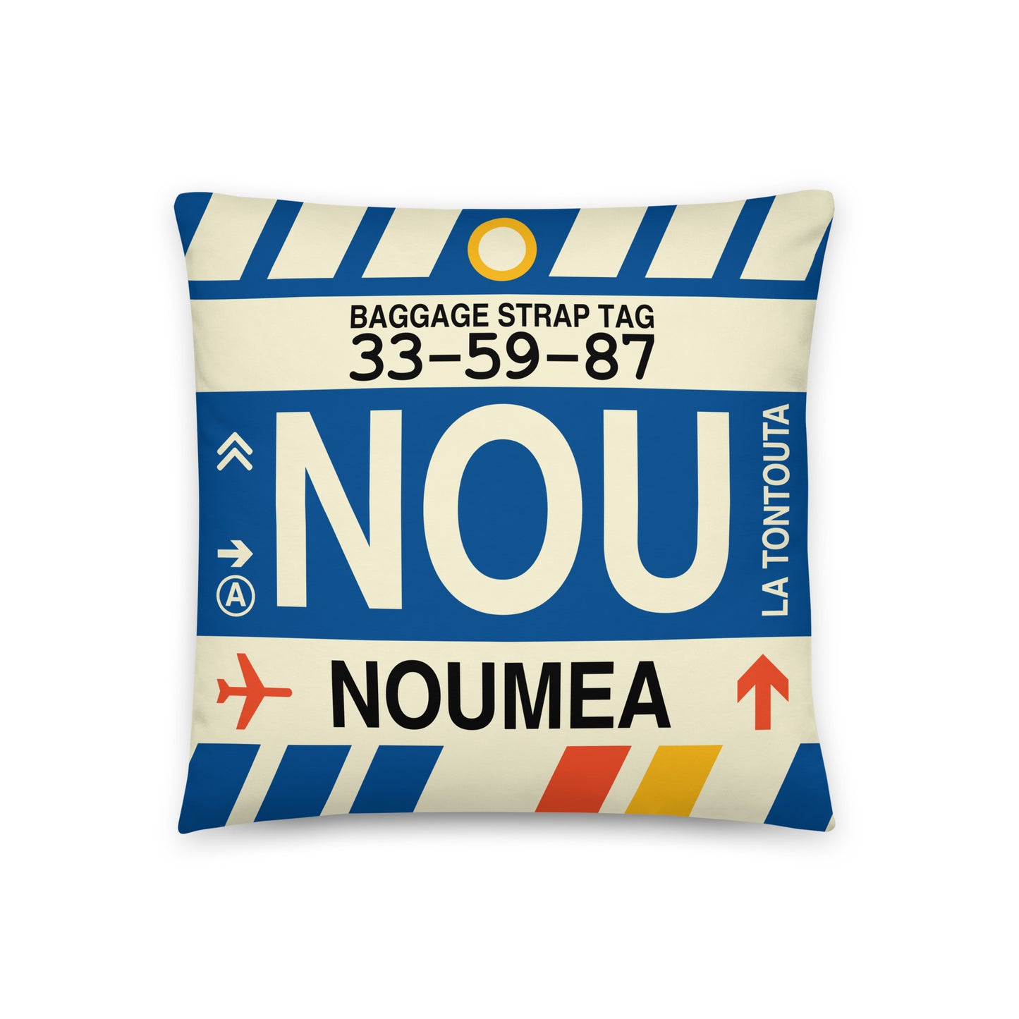 NOU Nouméa Throw Pillow • Jet Age Baggage Tag Design • YHM Designs - Image 01
