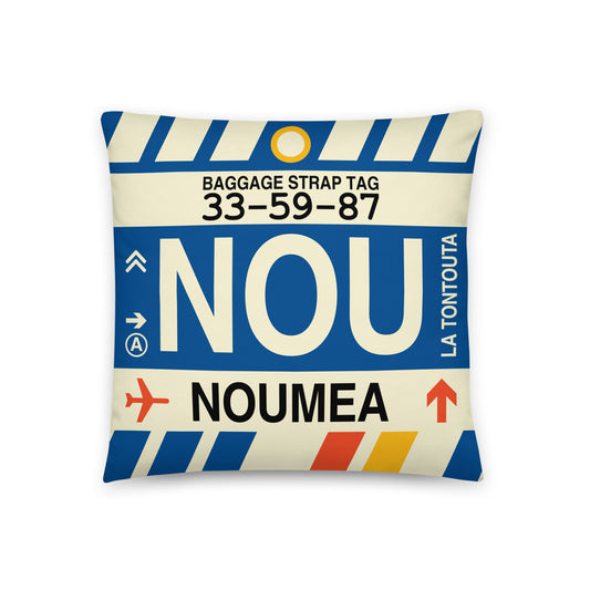 NOU Nouméa Throw Pillow • Jet Age Baggage Tag Design • YHM Designs - Image 01