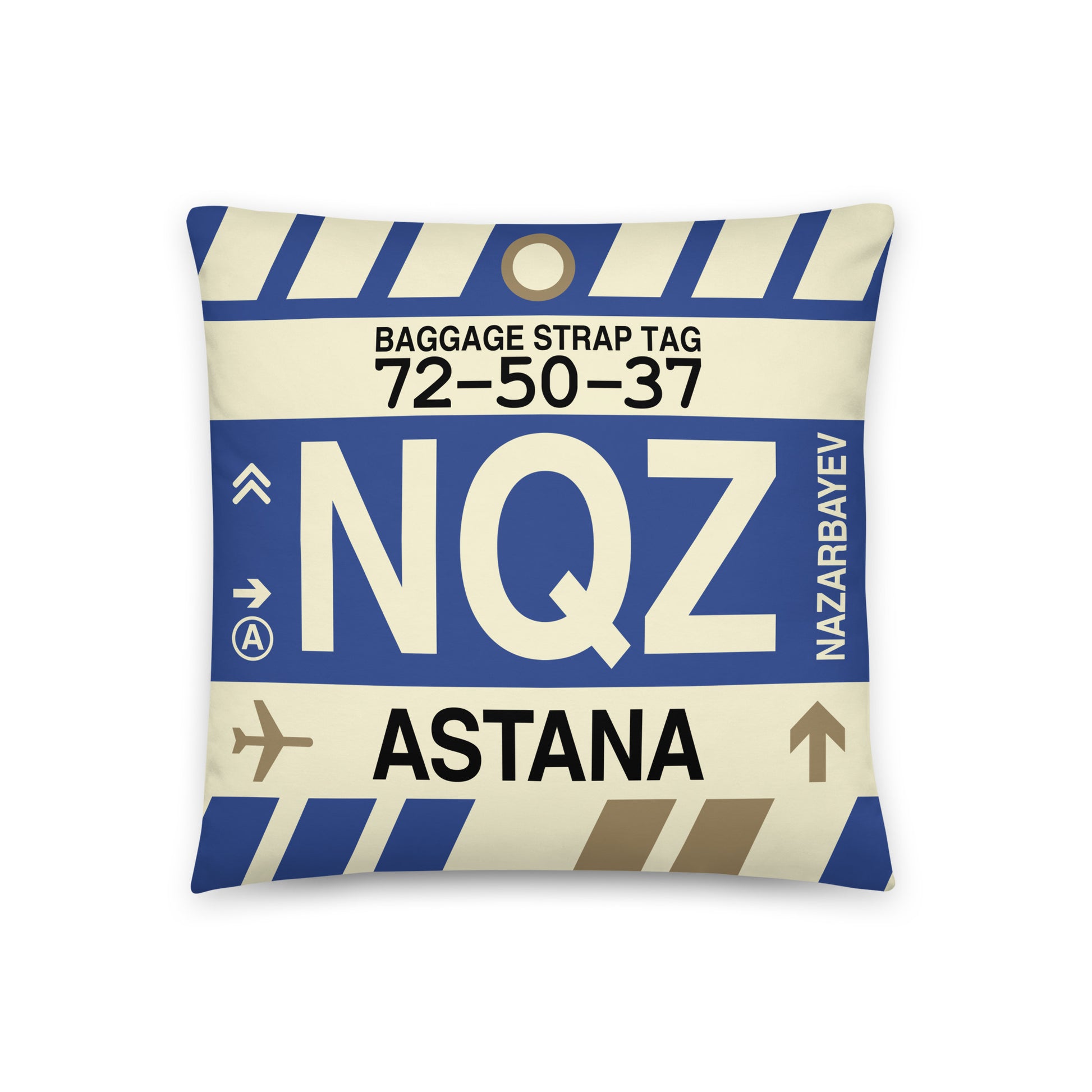 NQZ Astana Throw Pillow • Jet Age Baggage Tag Design • YHM Designs - Image 01