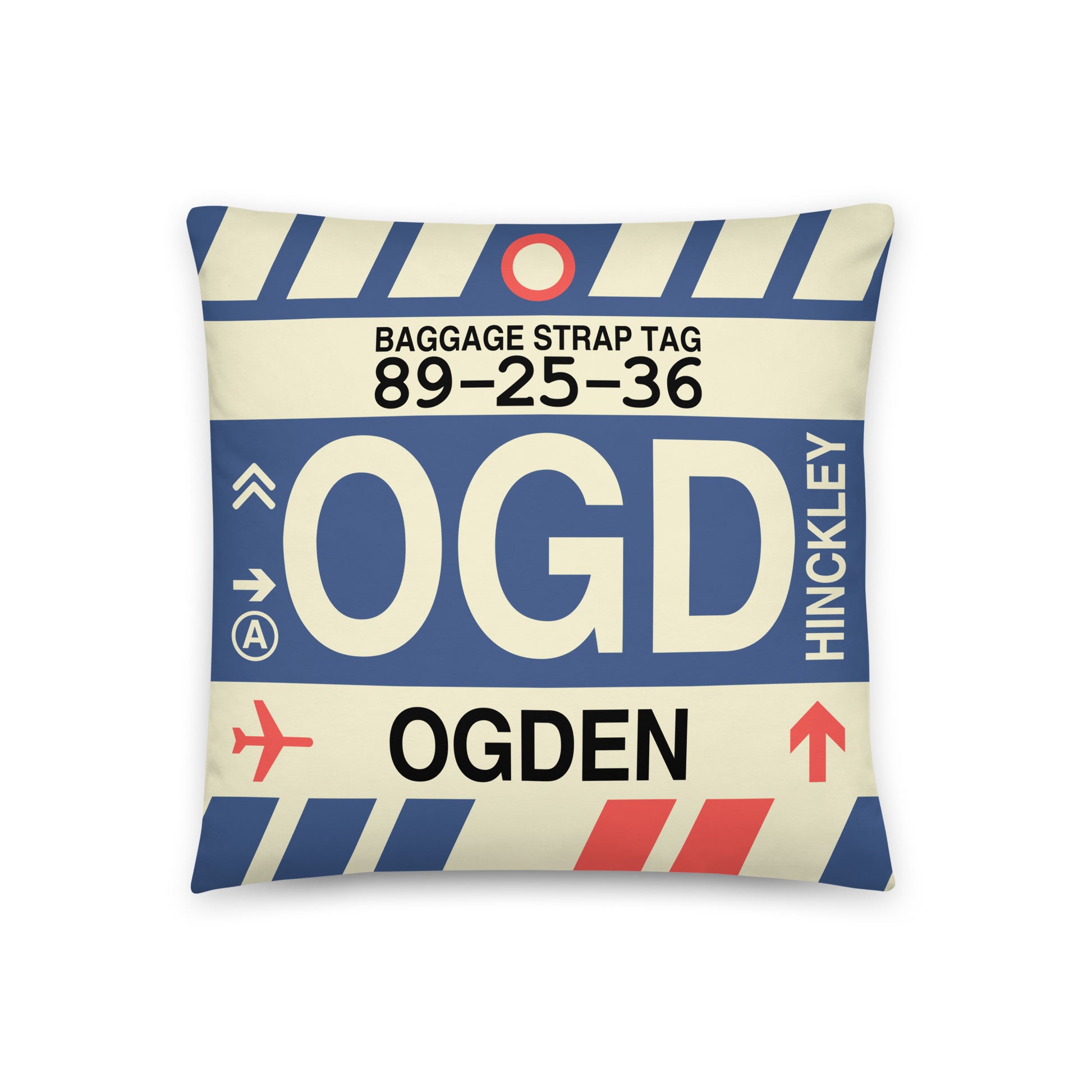 OGD Ogden Throw Pillow • Jet Age Baggage Tag Design • YHM Designs - Image 01