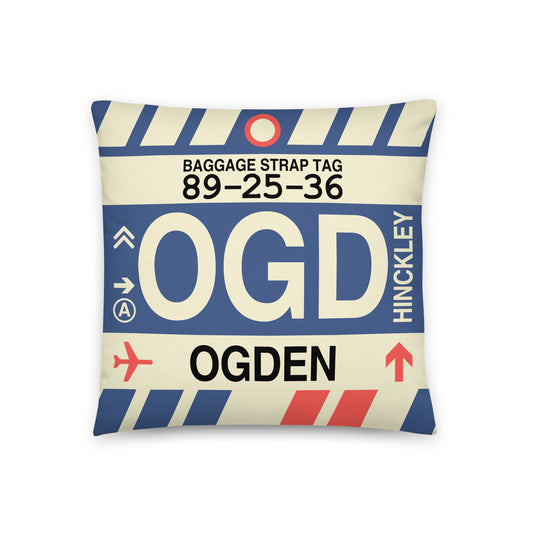 OGD Ogden Throw Pillow • Jet Age Baggage Tag Design • YHM Designs - Image 01