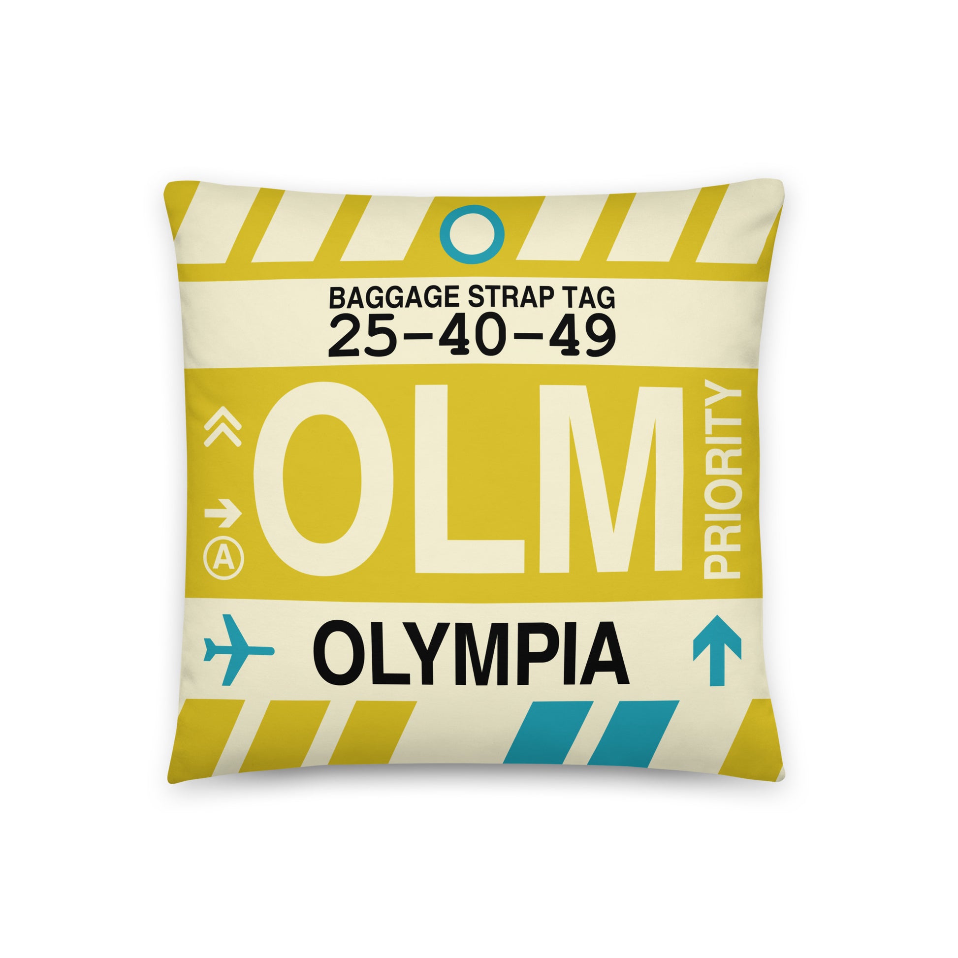 OLM Olympia Throw Pillow • Jet Age Baggage Tag Design • YHM Designs - Image 01