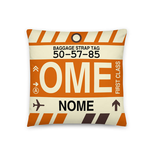 OME Nome Throw Pillow • Jet Age Baggage Tag Design • YHM Designs - Image 01