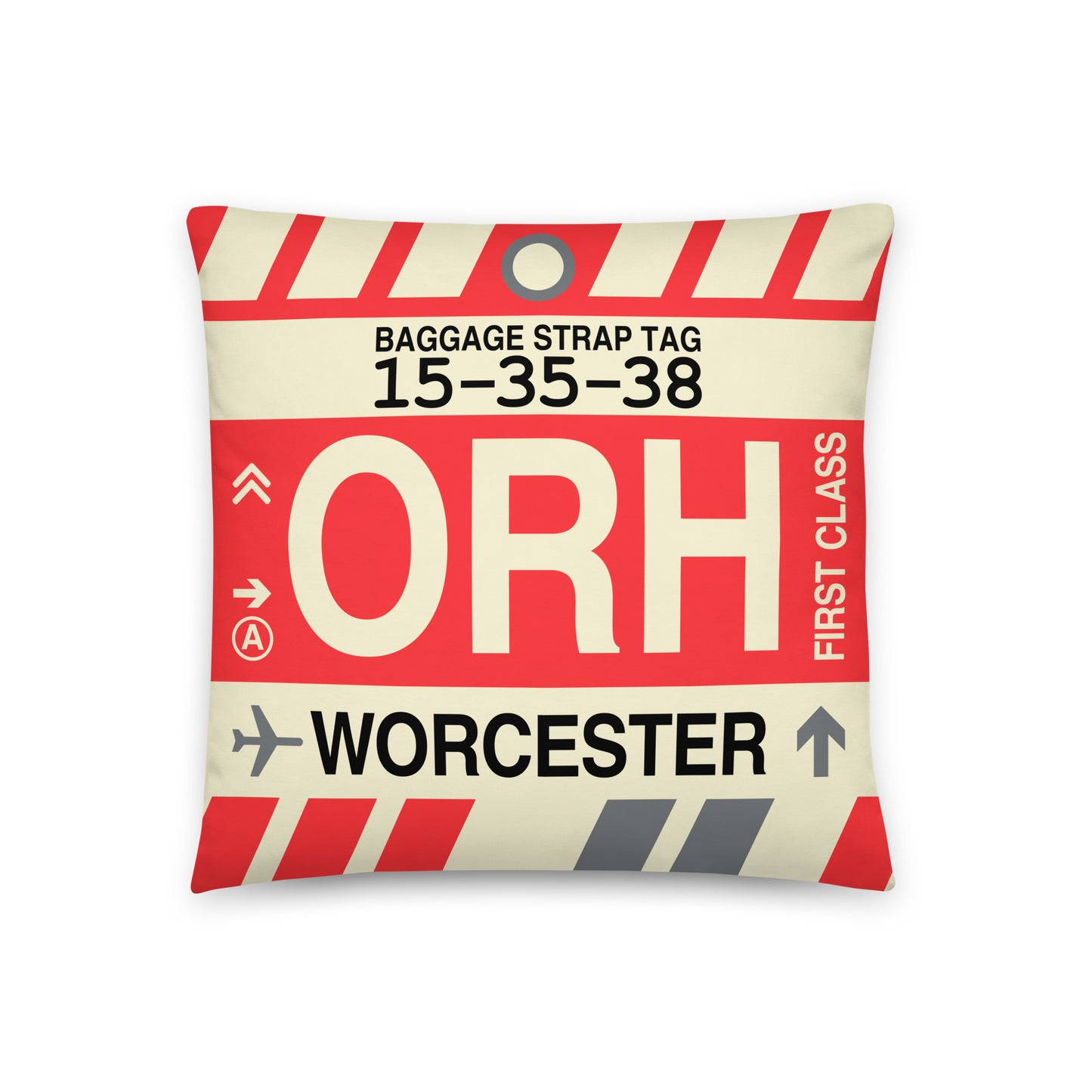 ORH Worcester Throw Pillow • Jet Age Baggage Tag Design • YHM Designs - Image 01