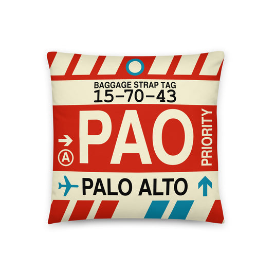PAO Palo Alto Throw Pillow • Jet Age Baggage Tag Design • YHM Designs - Image 01