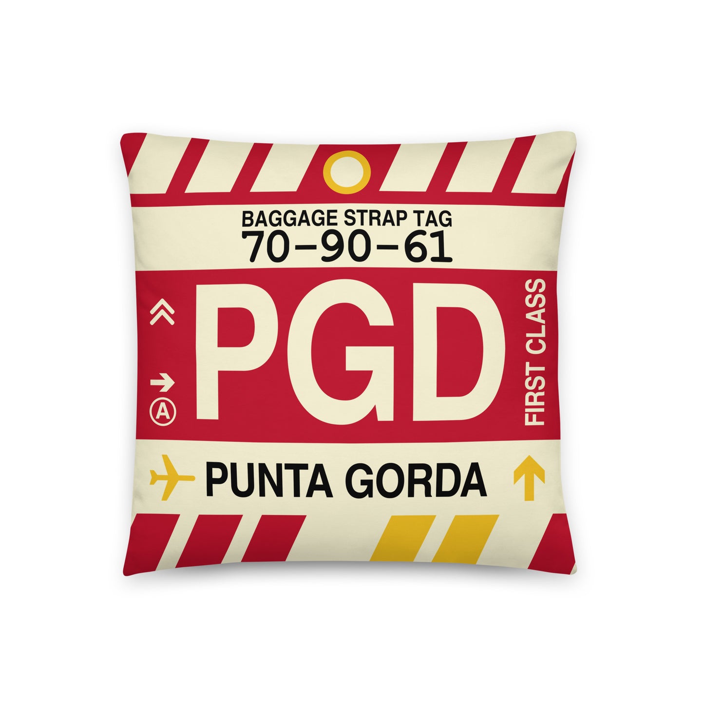 PGD Punta Gorda Throw Pillow • Jet Age Baggage Tag Design • YHM Designs - Image 01