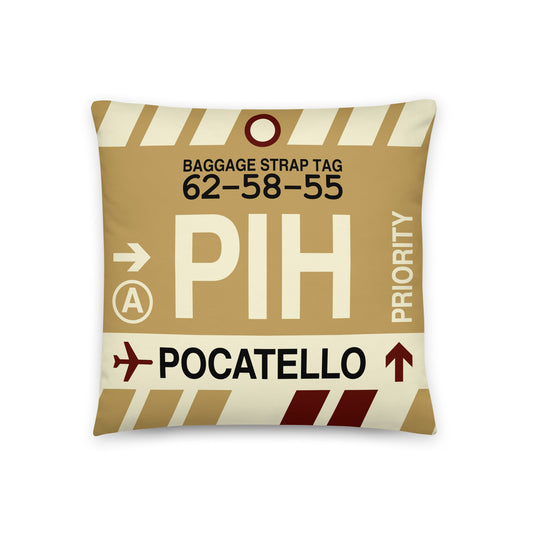PIH Pocatello Throw Pillow • Jet Age Baggage Tag Design • YHM Designs - Image 01