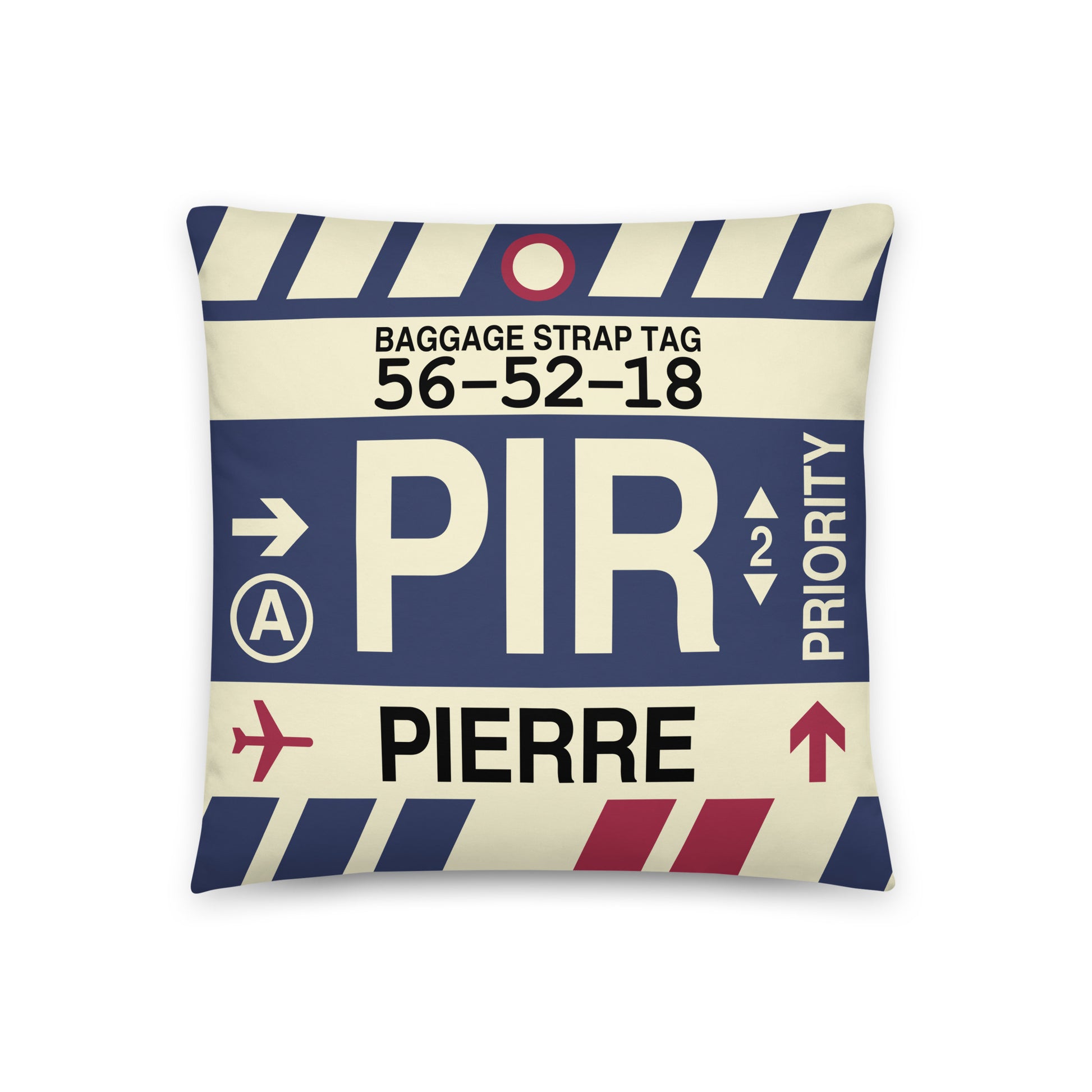 PIR Pierre Throw Pillow • Jet Age Baggage Tag Design • YHM Designs - Image 01