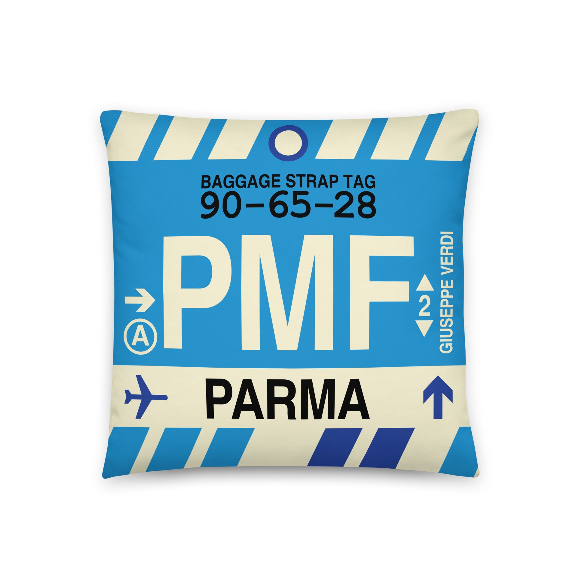 PMF Parma Throw Pillow • Jet Age Baggage Tag Design • YHM Designs - Image 01