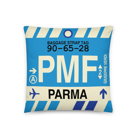 PMF Parma Throw Pillow • Jet Age Baggage Tag Design • YHM Designs - Image 01