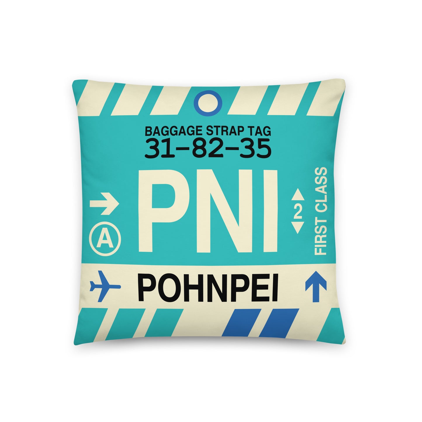 PNI Pohnpei Throw Pillow • Jet Age Baggage Tag Design • YHM Designs - Image 01