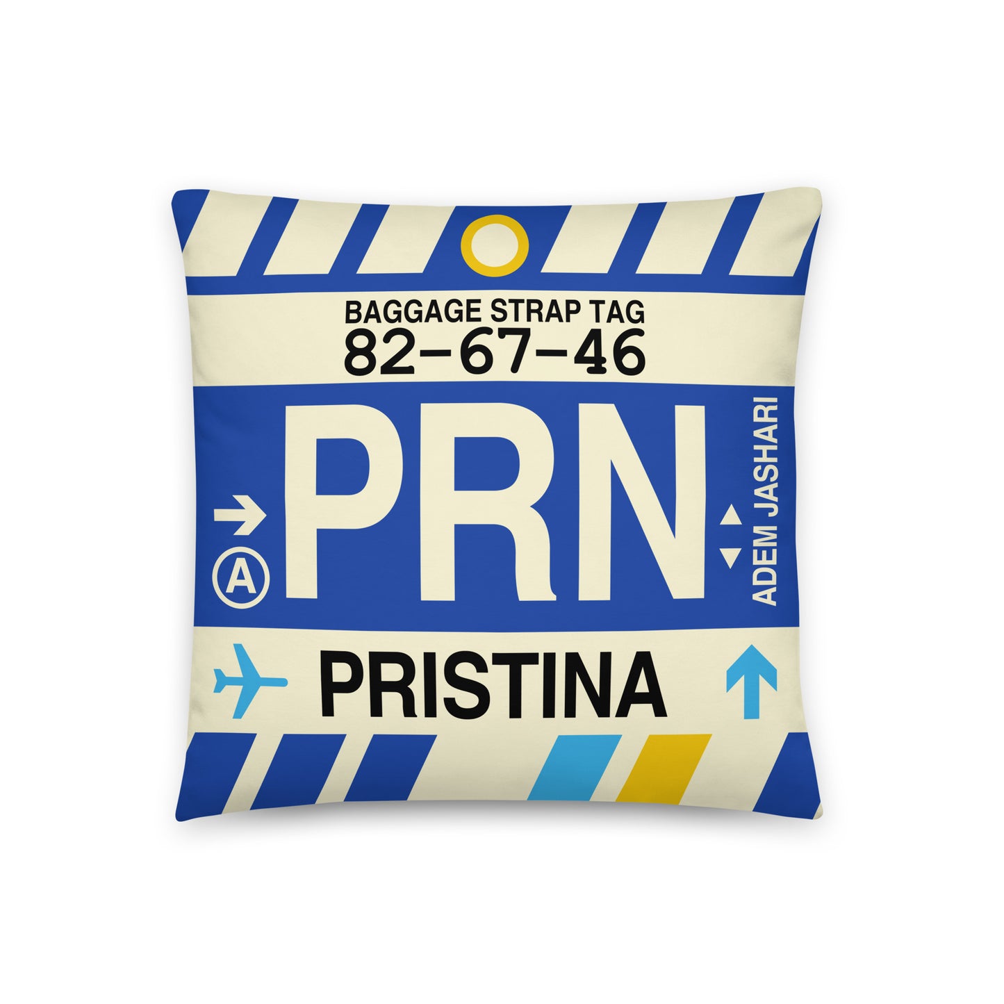 PRN Pristina Throw Pillow • Jet Age Baggage Tag Design • YHM Designs - Image 01