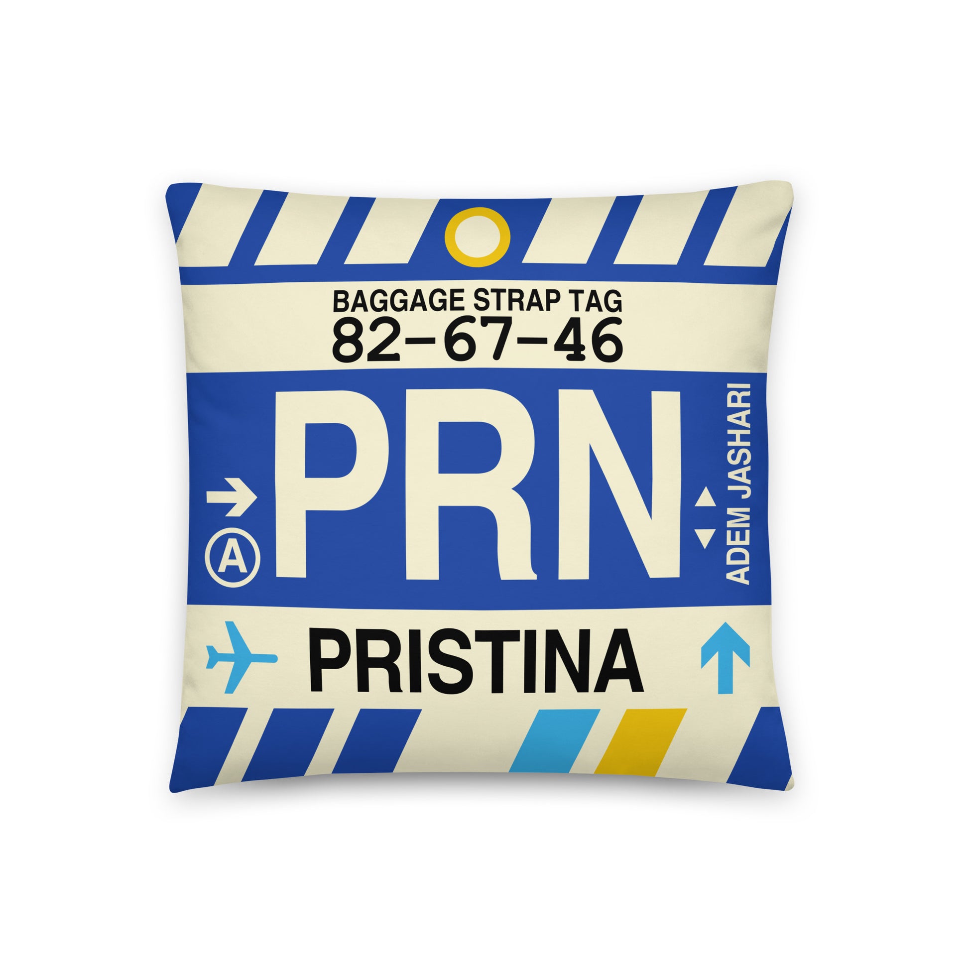 PRN Pristina Throw Pillow • Jet Age Baggage Tag Design • YHM Designs - Image 01