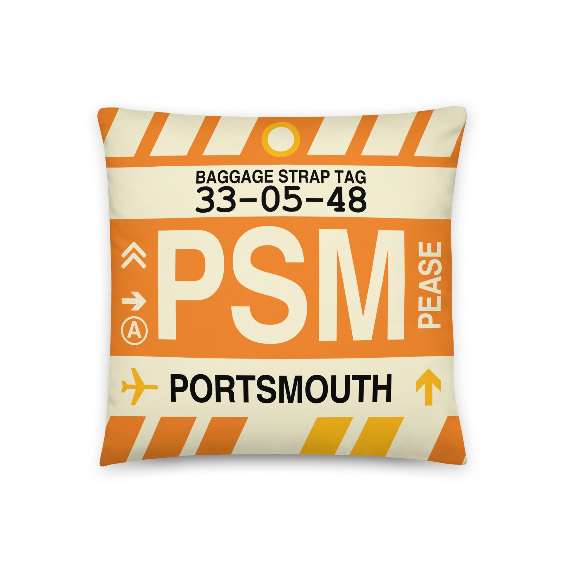 PSM Portsmouth Throw Pillow • Jet Age Baggage Tag Design • YHM Designs - Image 01