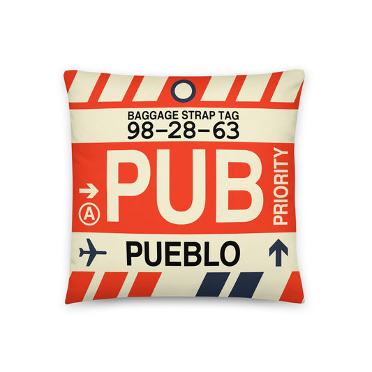 PUB Pueblo Throw Pillow • Jet Age Baggage Tag Design • YHM Designs - Image 01